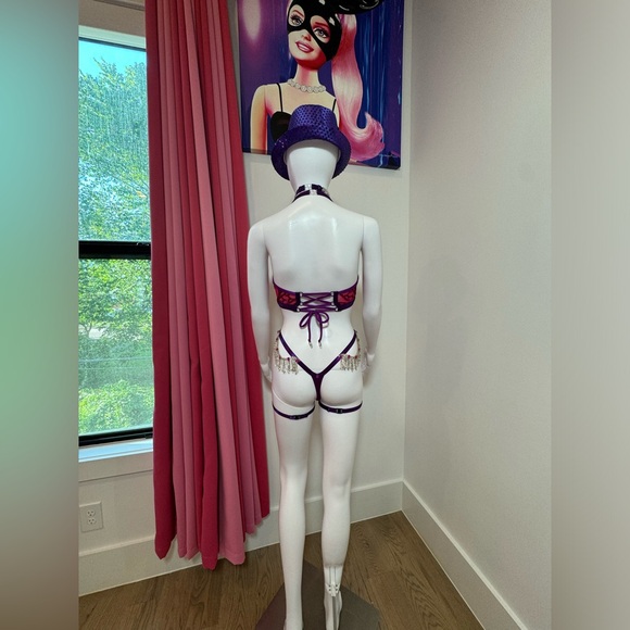 Pink & Purple Sequin Rhinestone Burlesque 5 Piece Lingerie Set XS/XS Hand Sewn - Picture 9 of 17